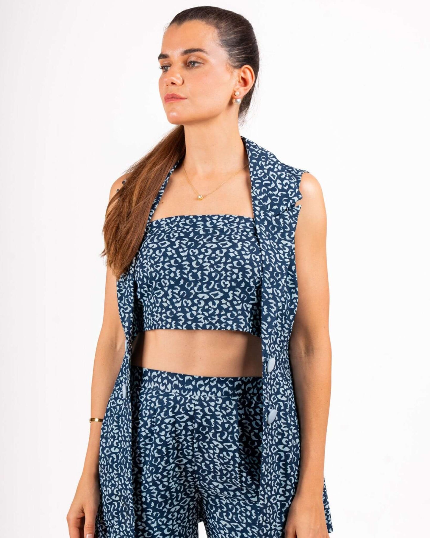 House Of Majisha 3-Piece Coord Set: Chic blue printed outfit with bustier crop top, collar vest, and wide-leg pants in double georgette fabric. Perfect for formal and day wear.