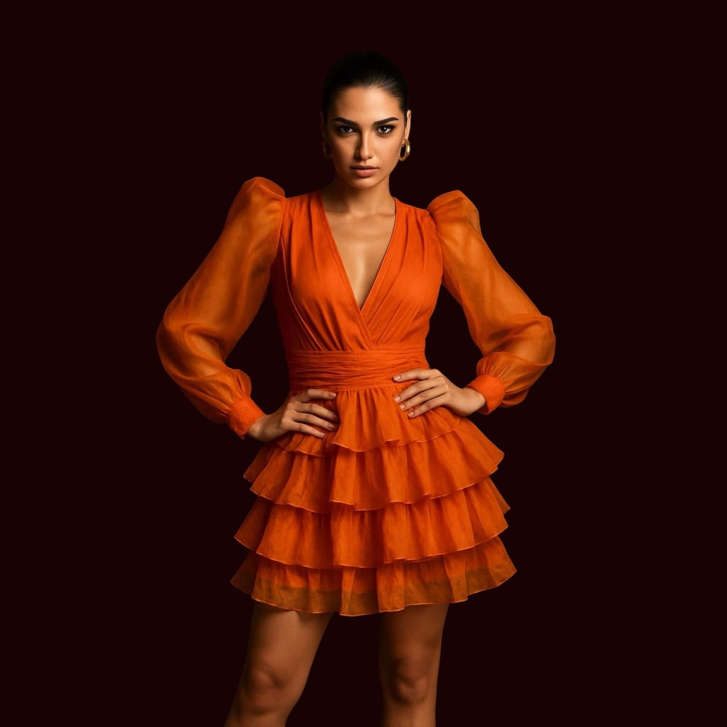 model wearing an orange tiered ruffle mini dress with sheer puff sleeves and plunging neckline, styled by House of Majisha against a dark studio background.