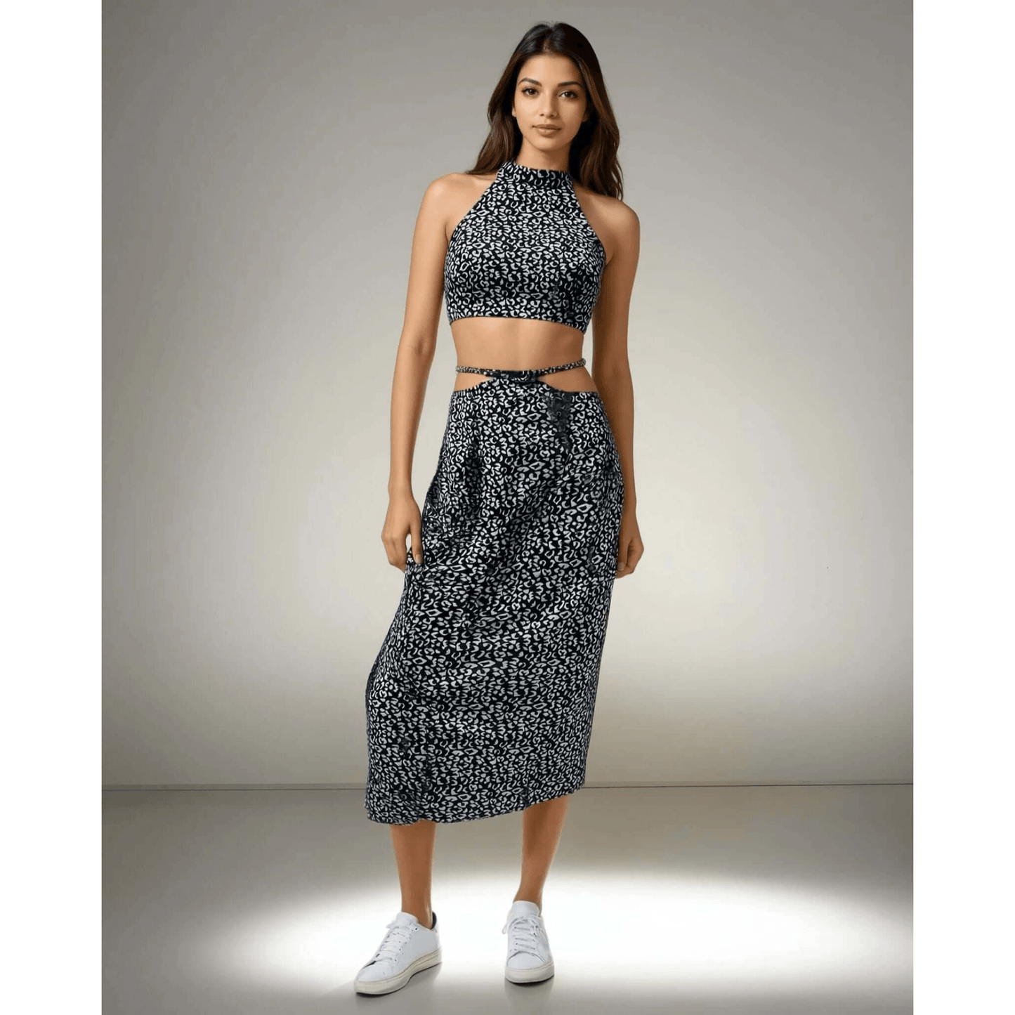 Model showcasing the Blue Bliss Two-Piece Set, featuring a halter neck top and stylish skirt from House Of Majisha, perfect for summer vacations and brunch outings.