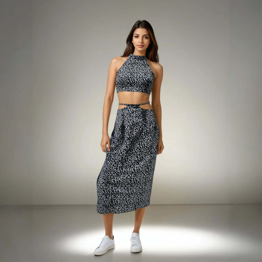Model showcasing the Blue Bliss Two-Piece Set, featuring a halter neck top and stylish skirt from House Of Majisha, perfect for summer vacations and brunch outings.