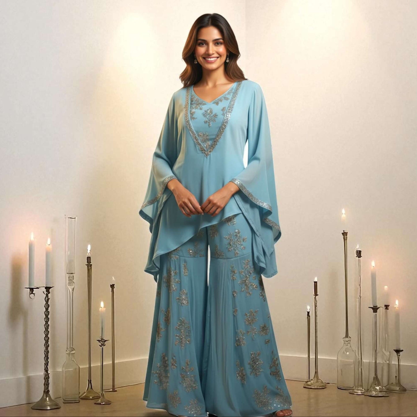 Indian model wearing a blue Chanderi georgette embroidered kurta with flared pants, styled by House of Majisha, surrounded by candles.
