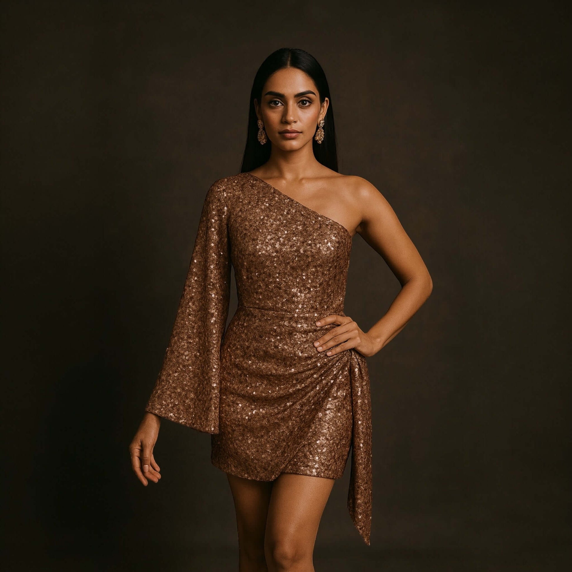 Woman wearing a sparkly one-shoulder Bronzed Radiance Sequin Mini Dress from house of majisha against a dark background