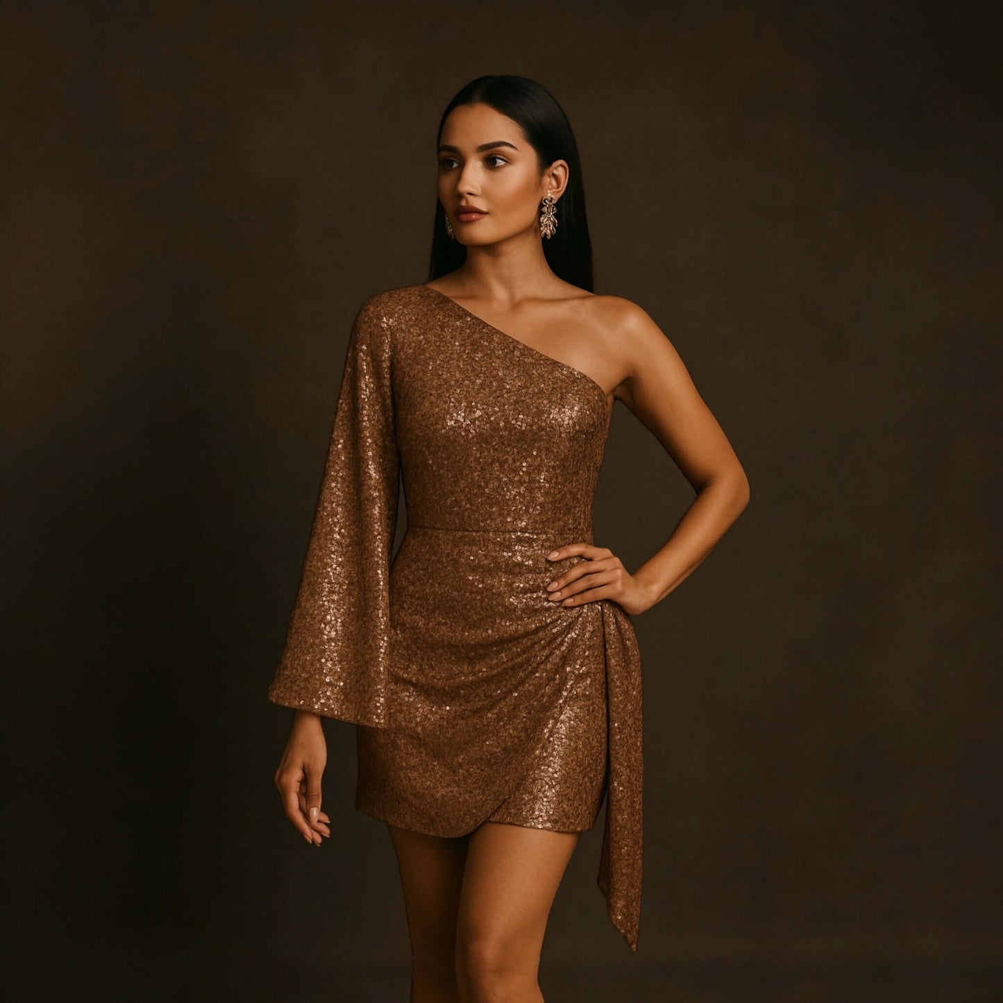 Woman wearing a sparkly gold Bronzed Radiance Sequin Mini Dress from house of majisha against a dark background