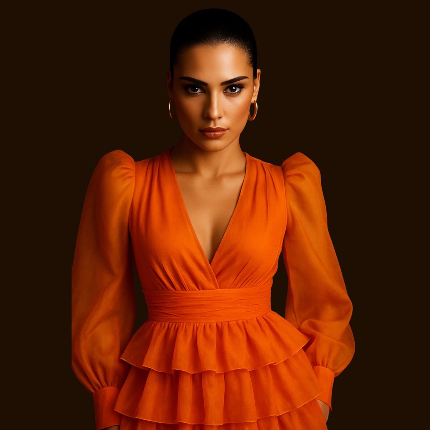 model wearing an orange tiered ruffle mini dress with sheer puff sleeves and plunging neckline, styled by House of Majisha against a dark studio background.