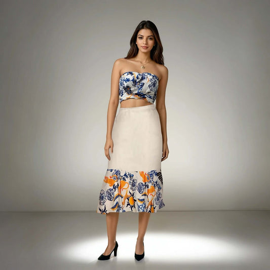 Woman wearing a summer coord set with coastal prints from House of Majisha