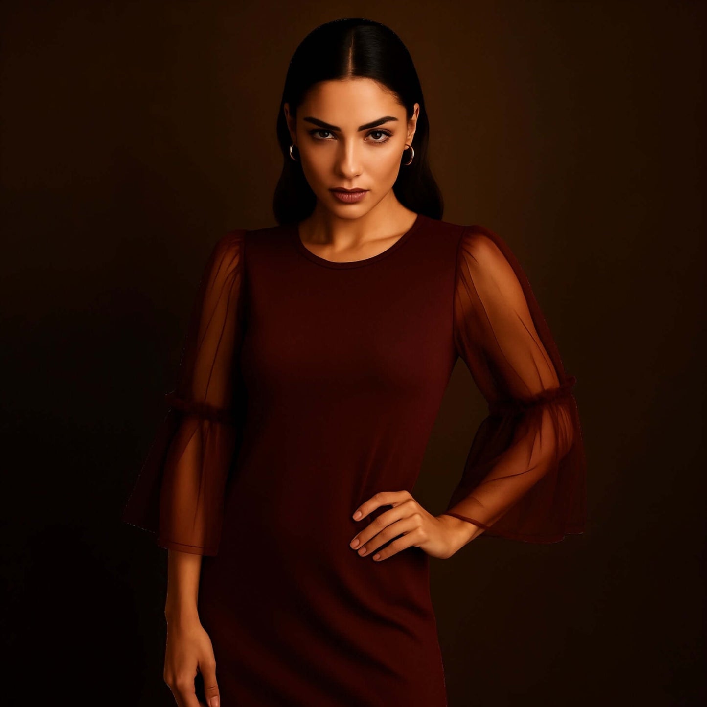 model wearing a Maroon Sheer Sleeve Mini Dress with sheer layered bell sleeves, styled by House of Majisha against a warm studio brown backdrop.