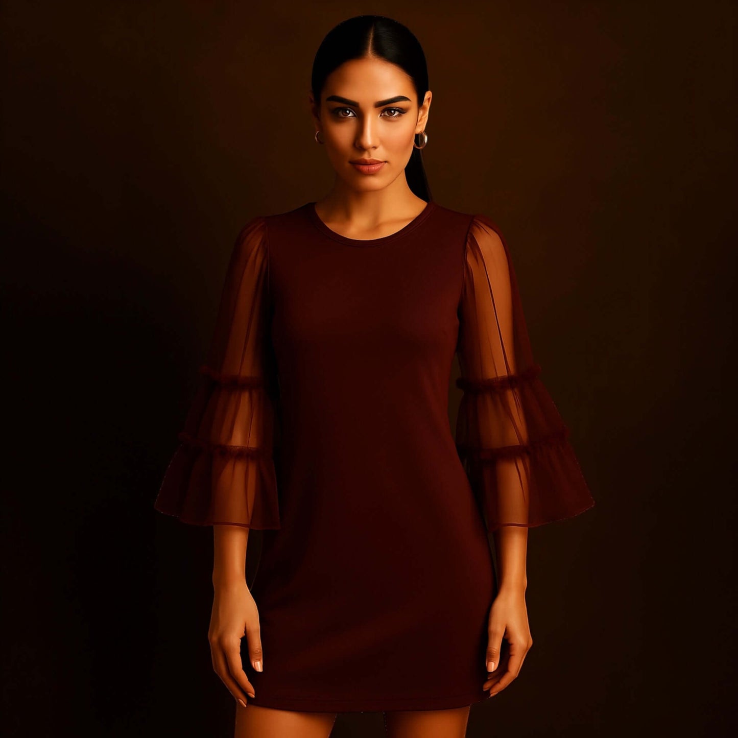 model wearing a Maroon Sheer Sleeve Mini Dress with sheer layered bell sleeves, styled by House of Majisha against a warm studio brown backdrop.