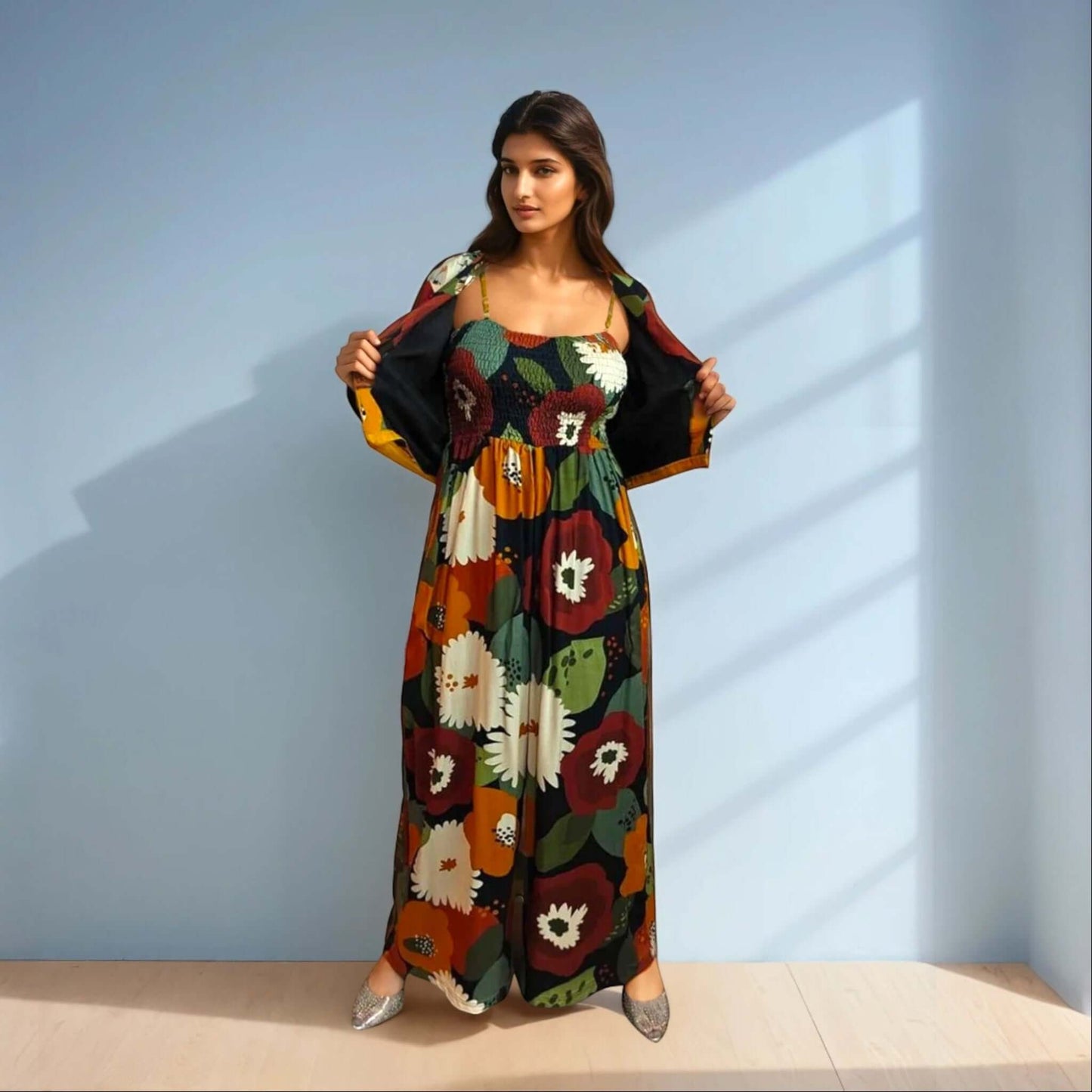 Model showcasing Earthy Elegance Jumpsuit Set in brown and earthy tones from House Of Majisha, featuring a flared jumpsuit with a tube neckline and a stylish crop jacket, perfect for casual outings.