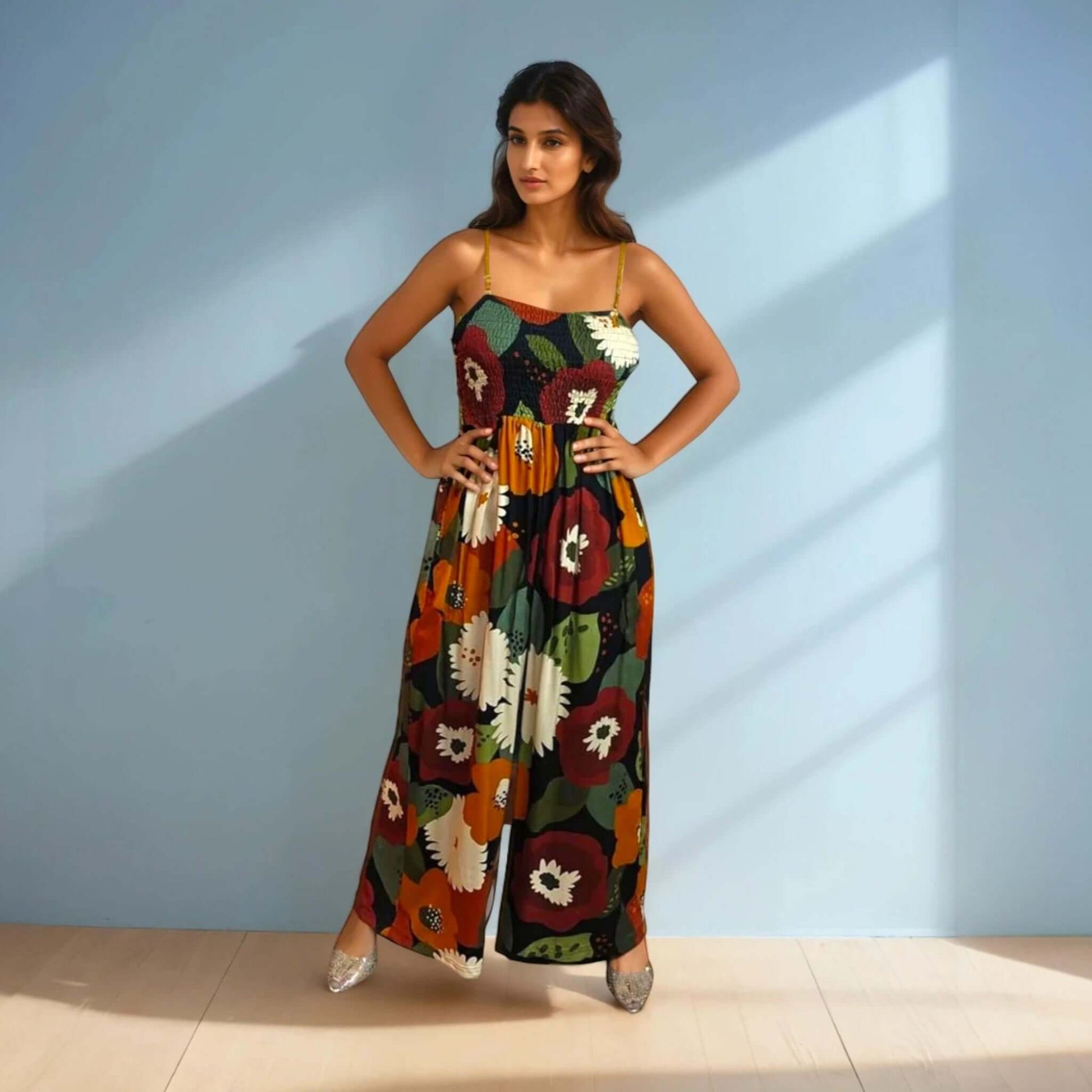 Model showcasing Earthy Elegance Jumpsuit Set in brown and earthy tones, featuring a flared jumpsuit with a tube neckline and a stylish crop jacket, perfect for casual outings from House Of Majisha.