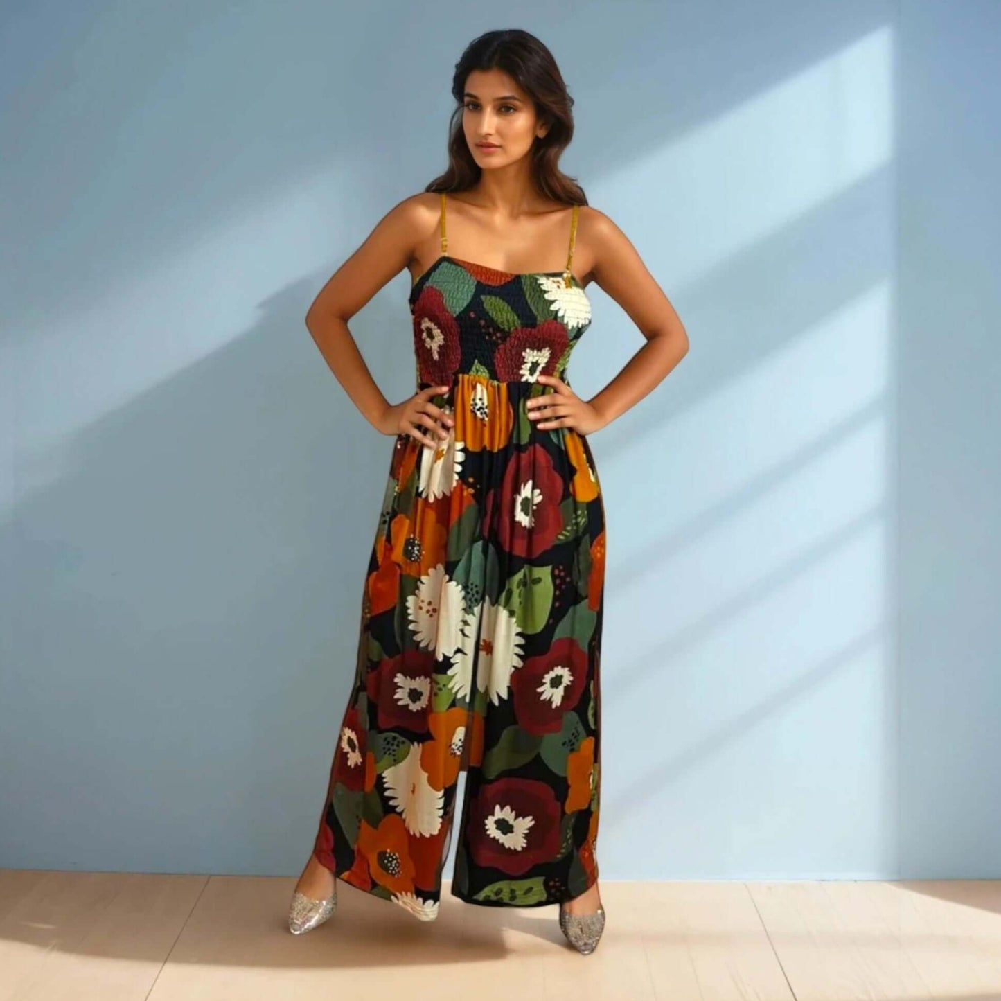 Model showcasing Earthy Elegance Jumpsuit Set in brown and earthy tones, featuring a flared jumpsuit with a tube neckline and a stylish crop jacket, perfect for casual outings from House Of Majisha.