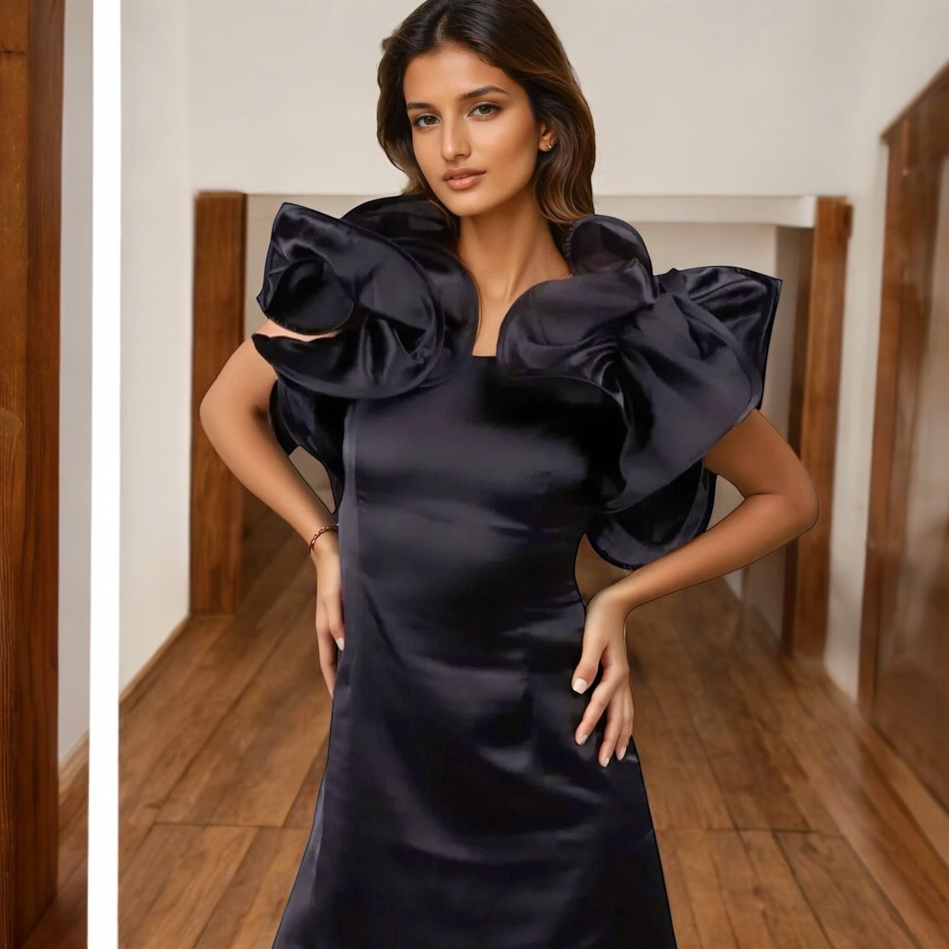 Women wearing black satin bodycon dress from House Of Majisha, posing for camera.