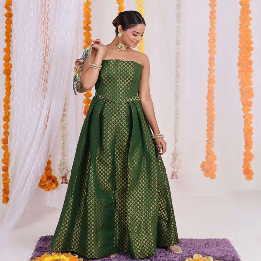 Exquisite Gold Brocade Crop Vest and Skirt Set - Regal maroon and gold brocade ensemble for women's festive wear