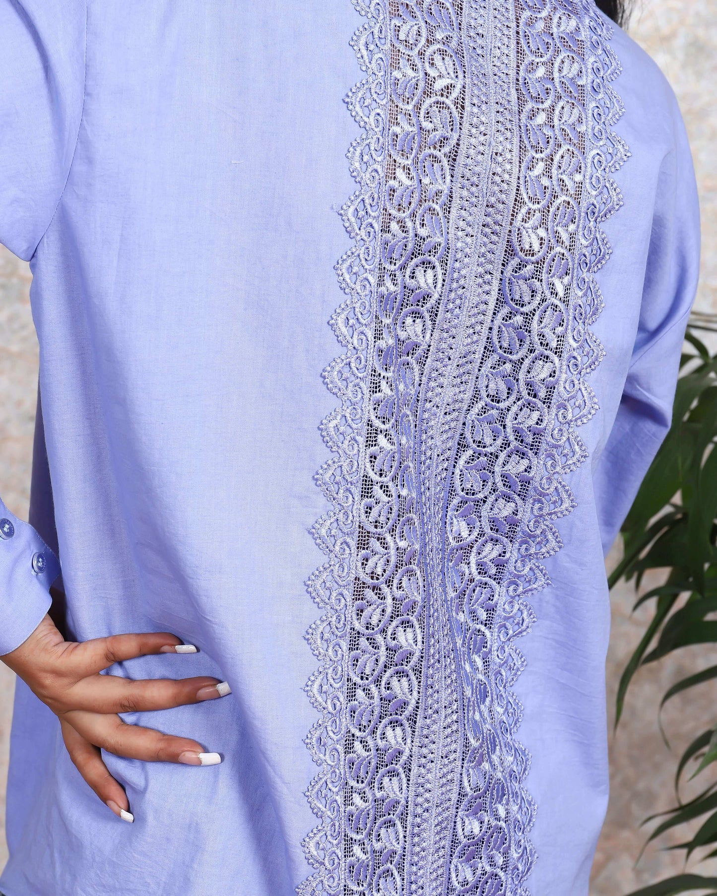 Chic baby blue cotton shirt for women featuring delicate lace detailing and a versatile style