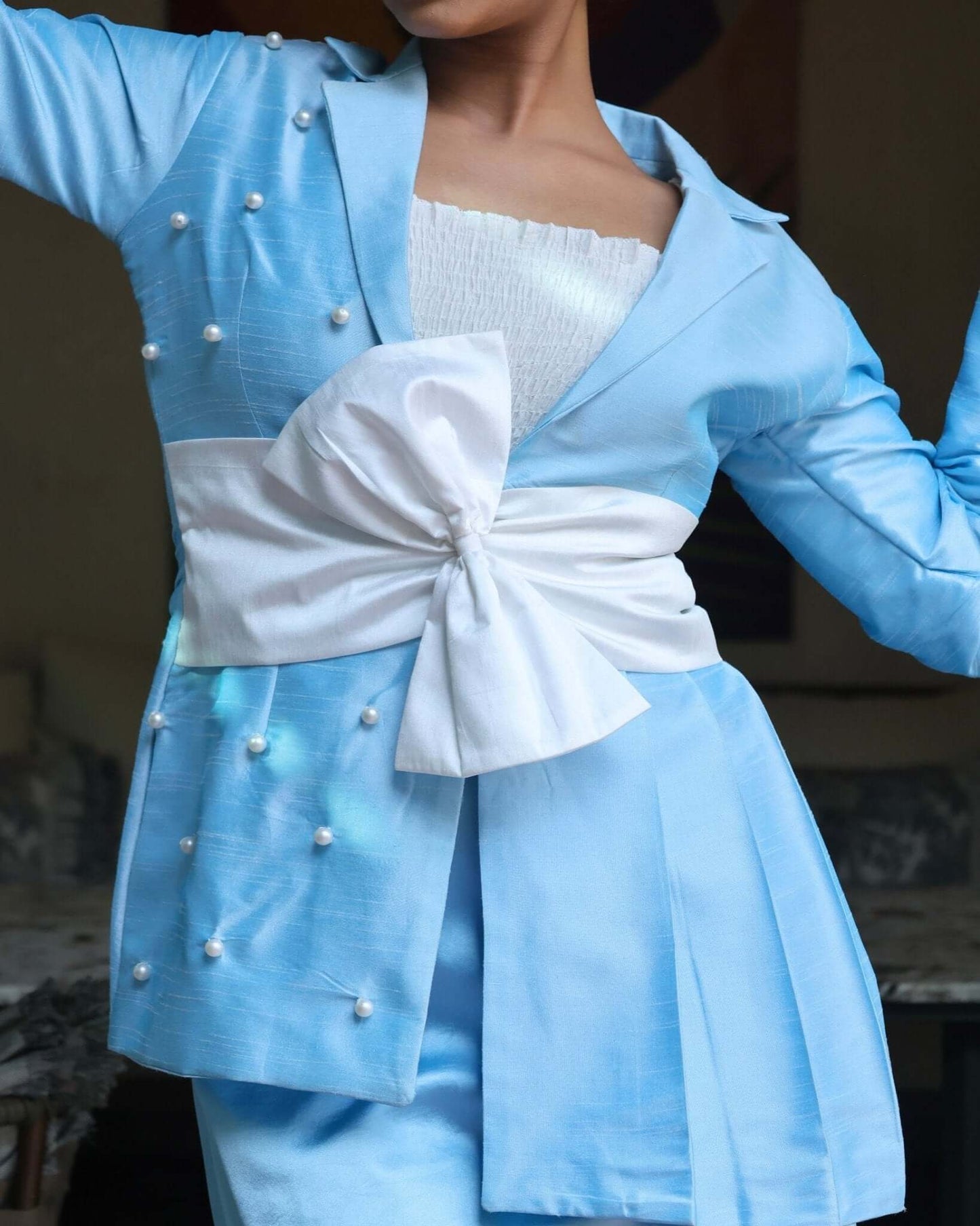 House Of Majisha Blue Jacket Dress with Coral Sash Belt - Elegant and powerful women's office chic attire, perfect for making a statement with style and confidence.