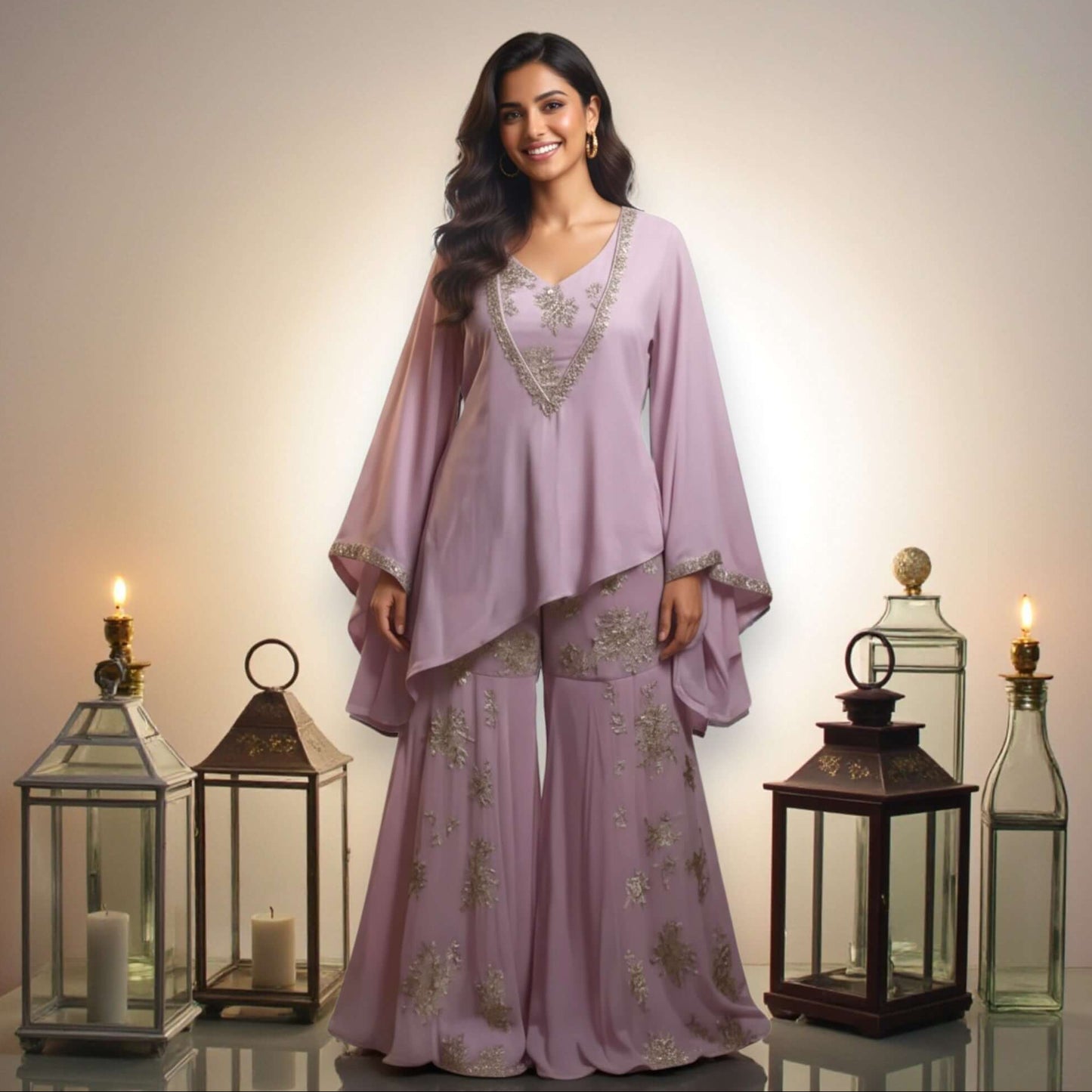 Indian model wearing a lavender Chanderi georgette embroidered kurta with flared pants, styled by House of Majisha, surrounded by lanterns.