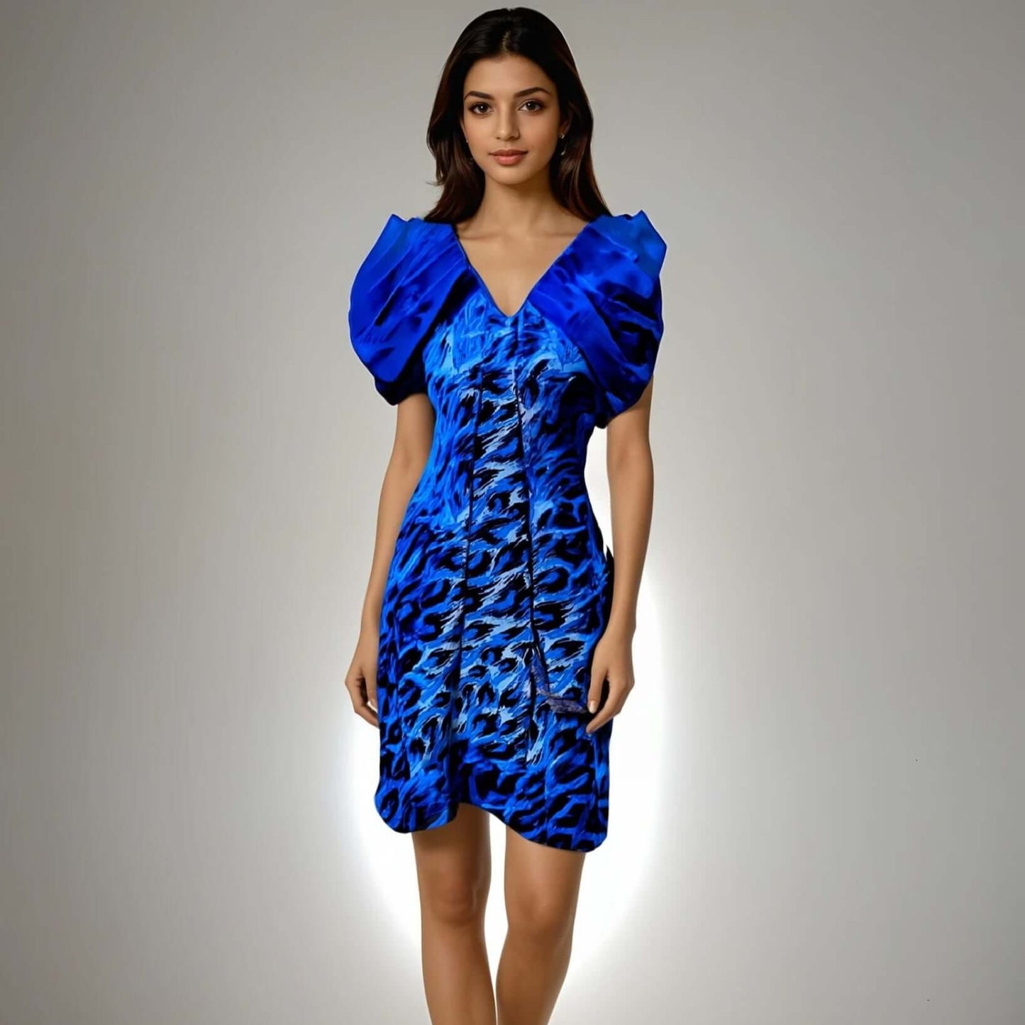 Model showcasing the Maya Subtle Serenity Dress in blue and purple with organza sleeve detailing from House Of Majisha, perfect for brunch and casual outings.