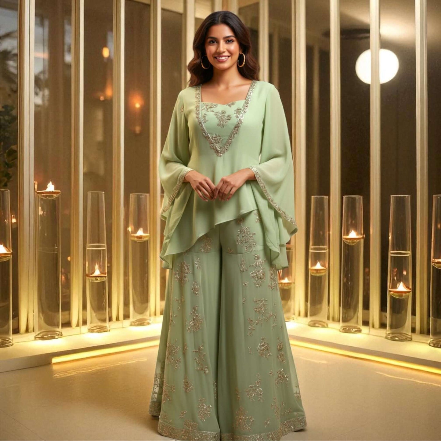 Model wearing the Meadow Glow Chanderi Georgette Set in soft green with silver embroidery and flared pants, styled by House of Majisha against a candlelit backdrop.