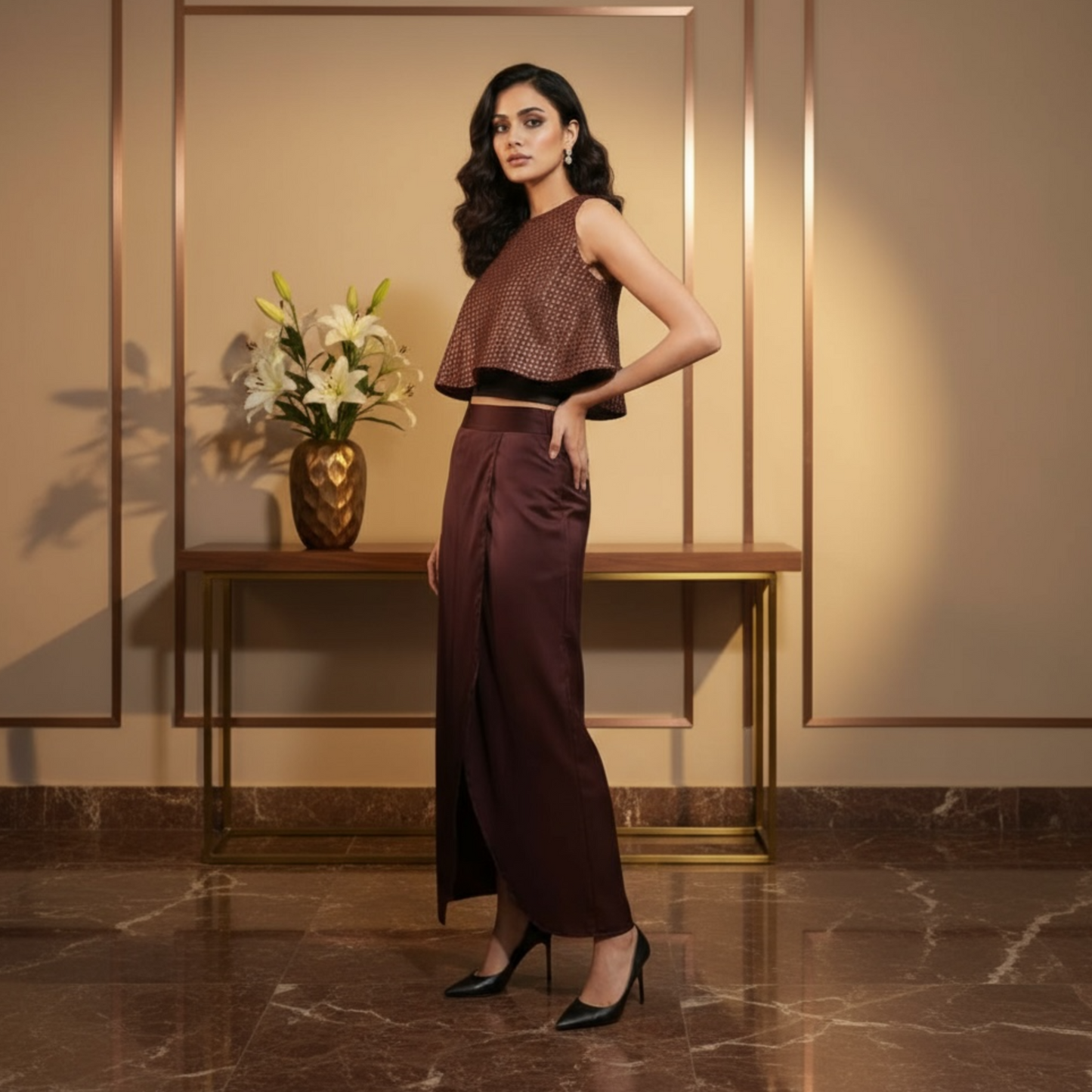 Indian model wearing the Mocha Drape Satin Coord Set by House of Majisha sleeveless textured crop top and draped slit skirt in mocha satin styled in a warm indoor setting.