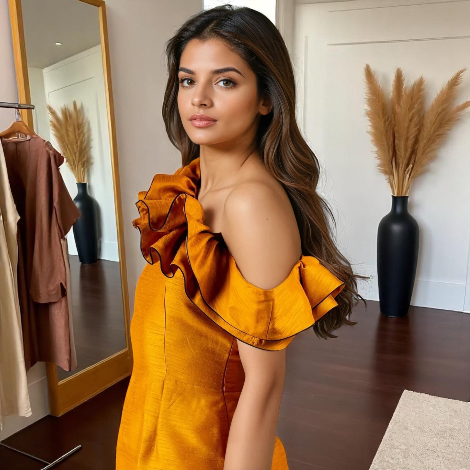 Model posing for a camera stunning mustard yellow bodycon dress from House Of Majisha, crafted from luxurious raw silk. The dress features a striking one-shoulder design.
