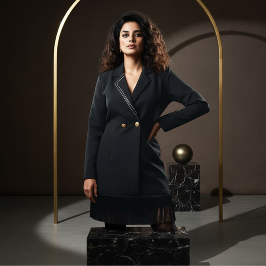 Indian model wearing a black double-breasted blazer mini dress with gold buttons, contrast piping, and fringe hem, styled by House of Majisha in a modern studio.