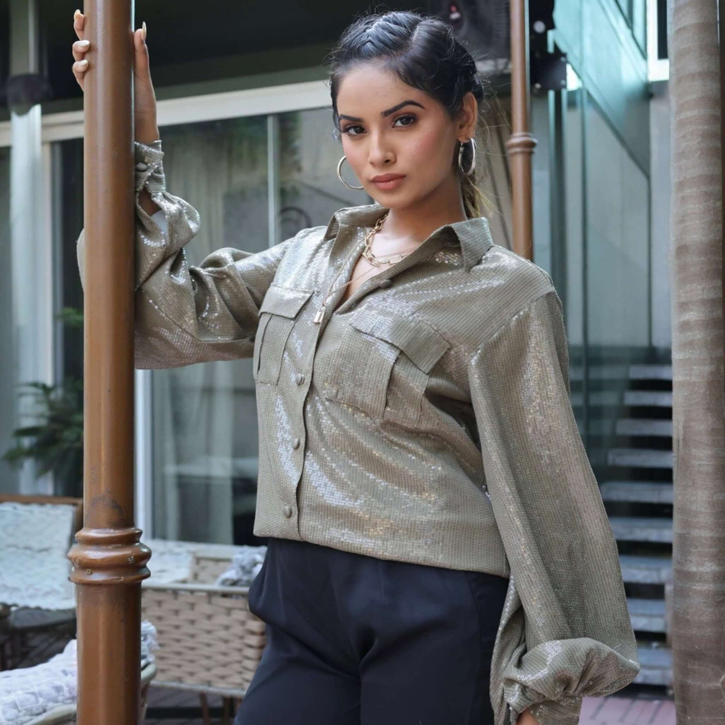 Olive Green Sequin Party Shirt for Women - Sparkling Georgette shirt with sequin embellishments, perfect for glamorous occasions.