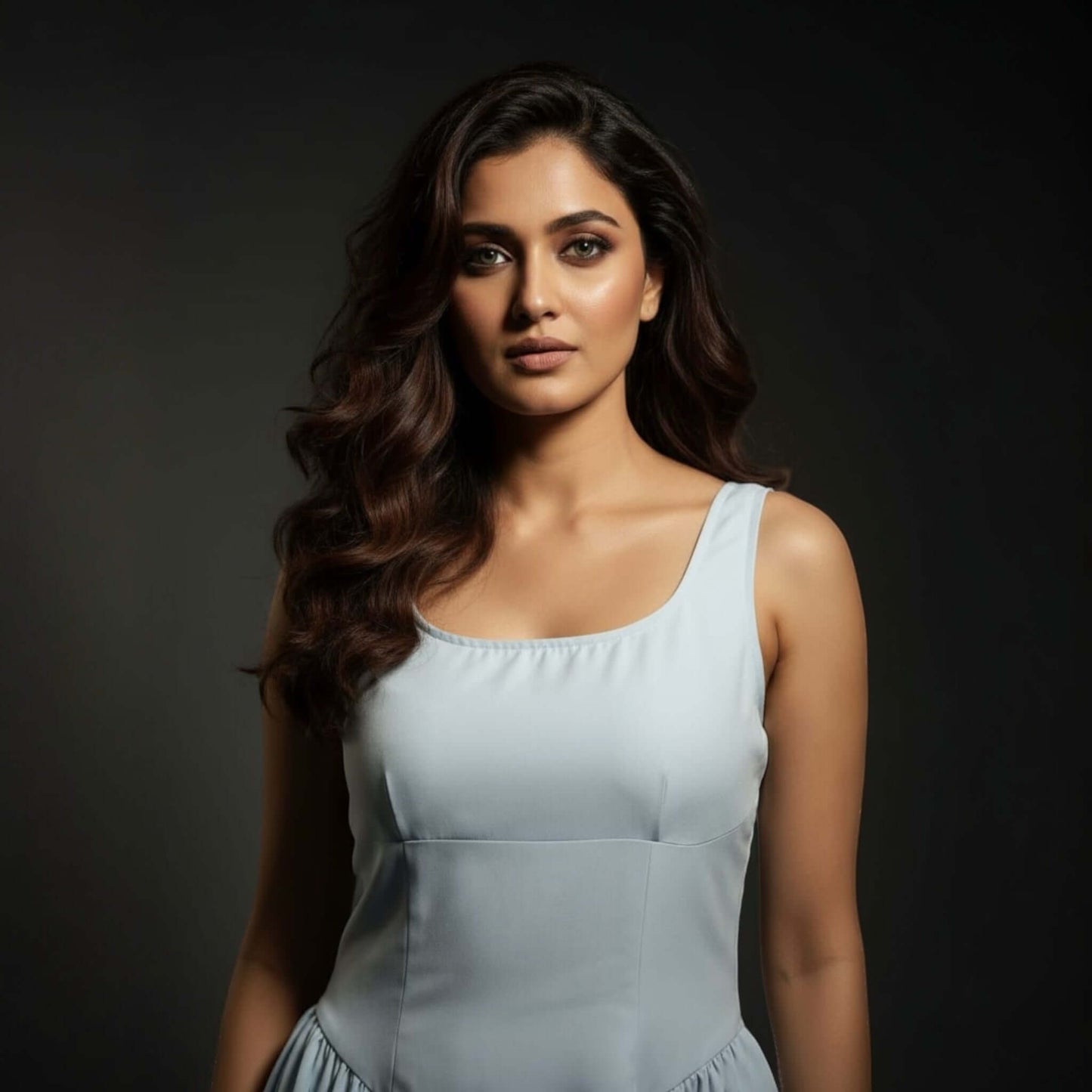 South Asian model wearing a Powder Bloom Fit Flare Dress with sleeveless design and flowing skirt, styled by House of Majisha against a dark studio backdrop.