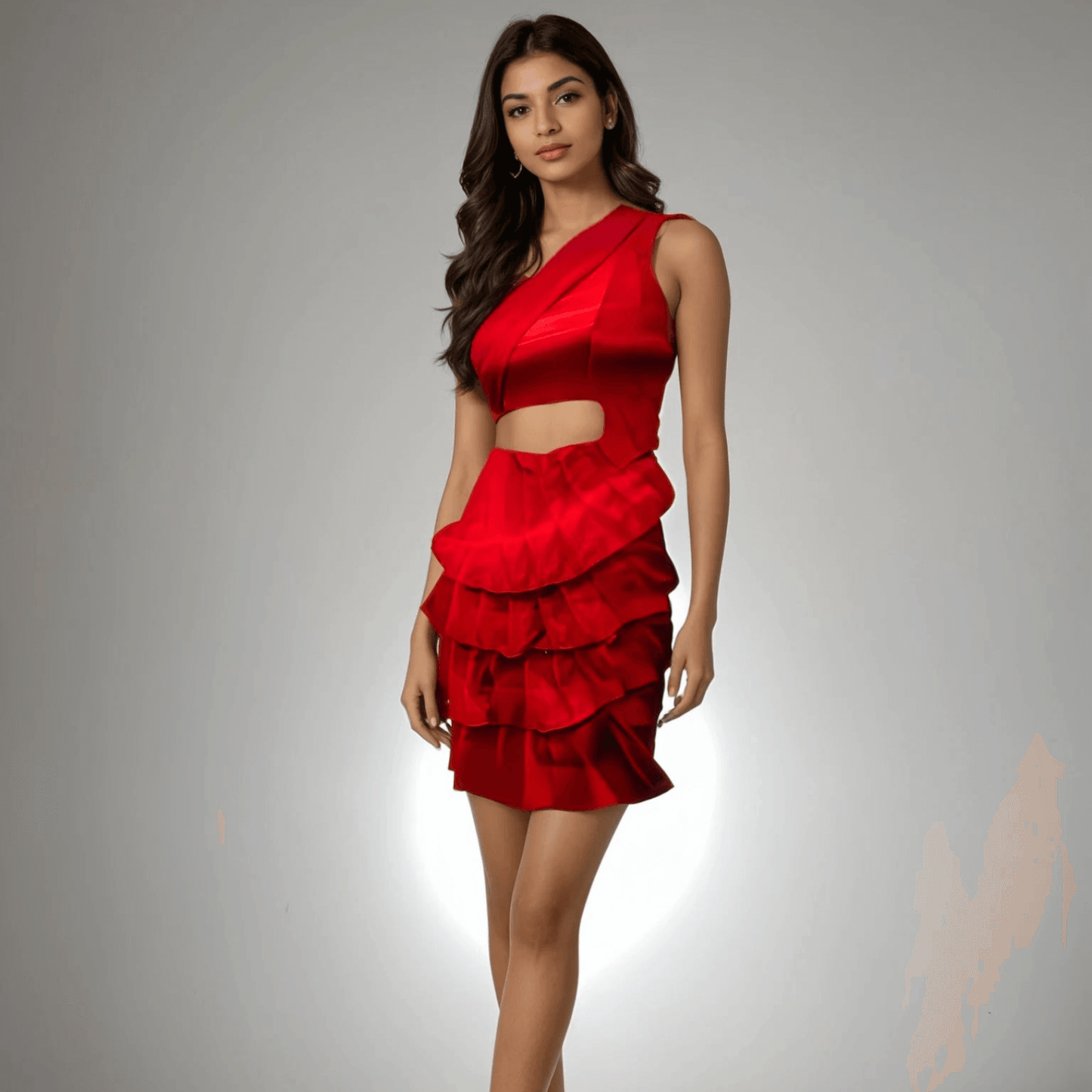 Model showcasing the Radiant Red Ruffle Dress with one shoulder design and stylish ruffles from House Of Majisha, perfect for parties and celebrations.
