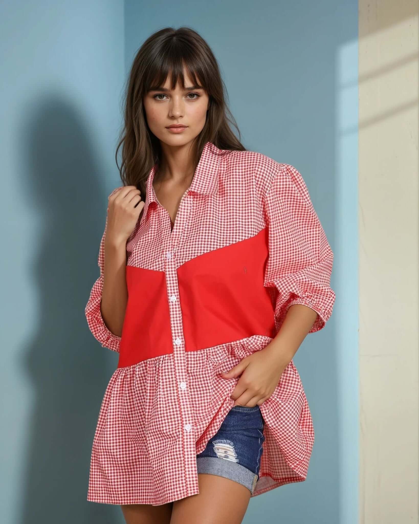 A model wearing an oversized red and white gingham shirt with a bold red panel, paired with denim shorts and white loafers, standing confidently against a pastel blue backdrop. The casual yet trendy outfit exudes effortless summer chic.