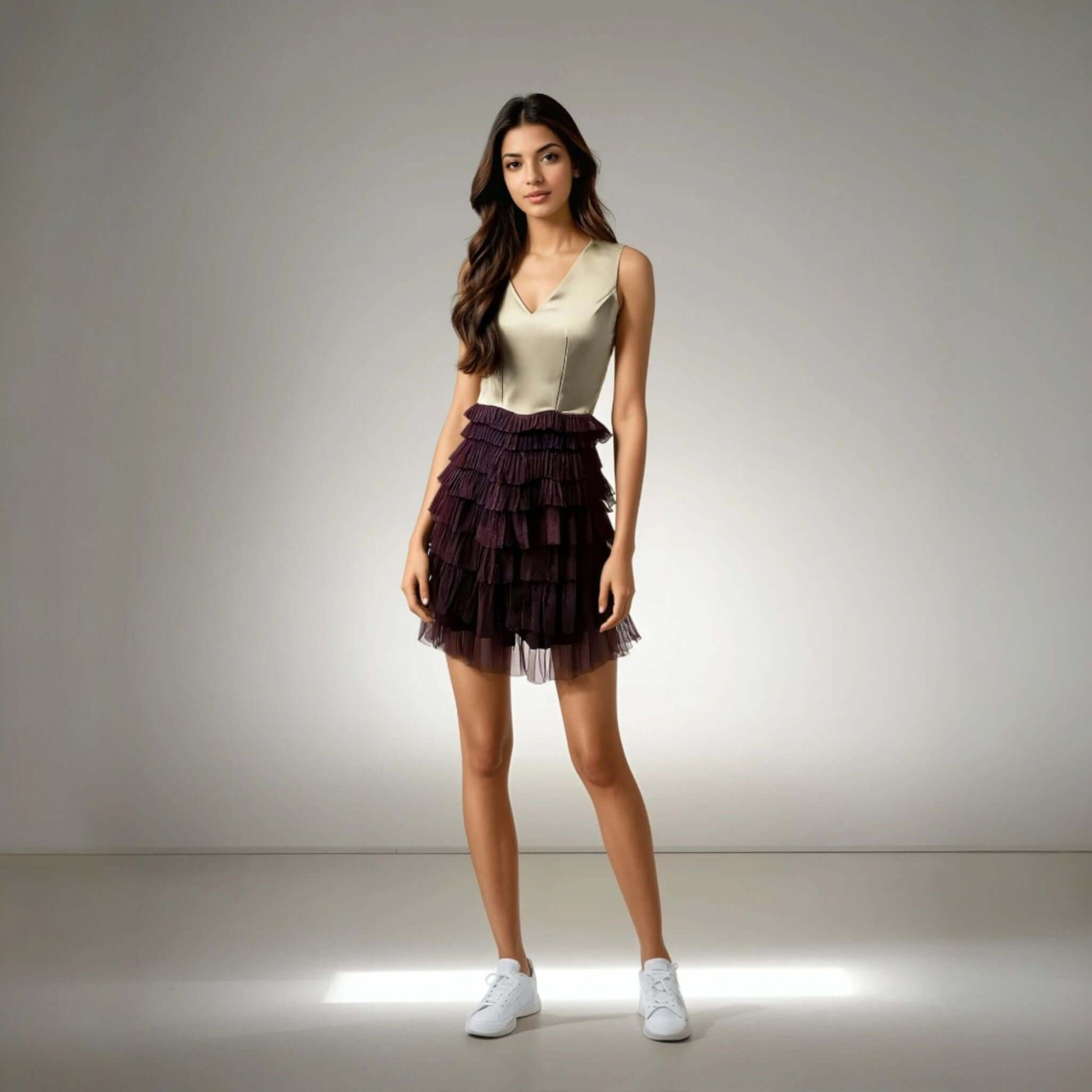 Model showcasing the Ruffled Romance Mini Hot Dress for Women in Beige and Wine from House of majisha, featuring tulle ruffles and a V neckline, perfect for parties and special occasions.
