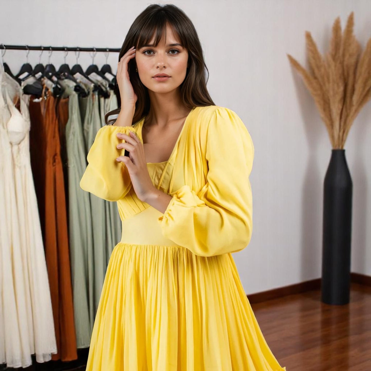 Model posing for a camera wearing a yellow dress from house of majisha, the model is standing and posing for a camera in a women clothing showroom.