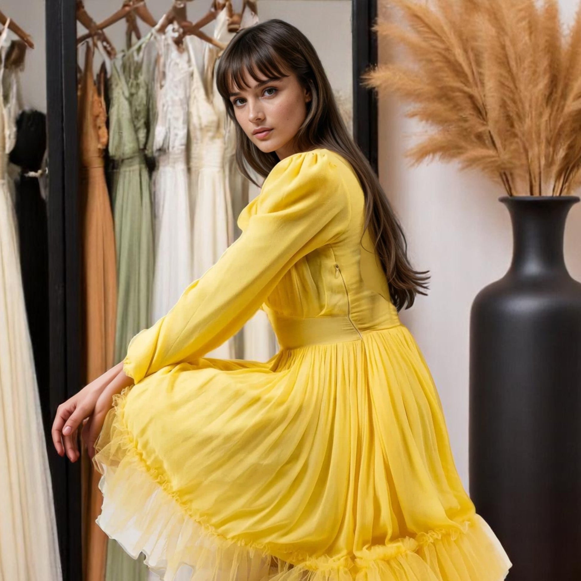 Model posing for a camera wearing a yellow dress from house of majisha, the model is standing and posing for a camera in a women clothing showroom.