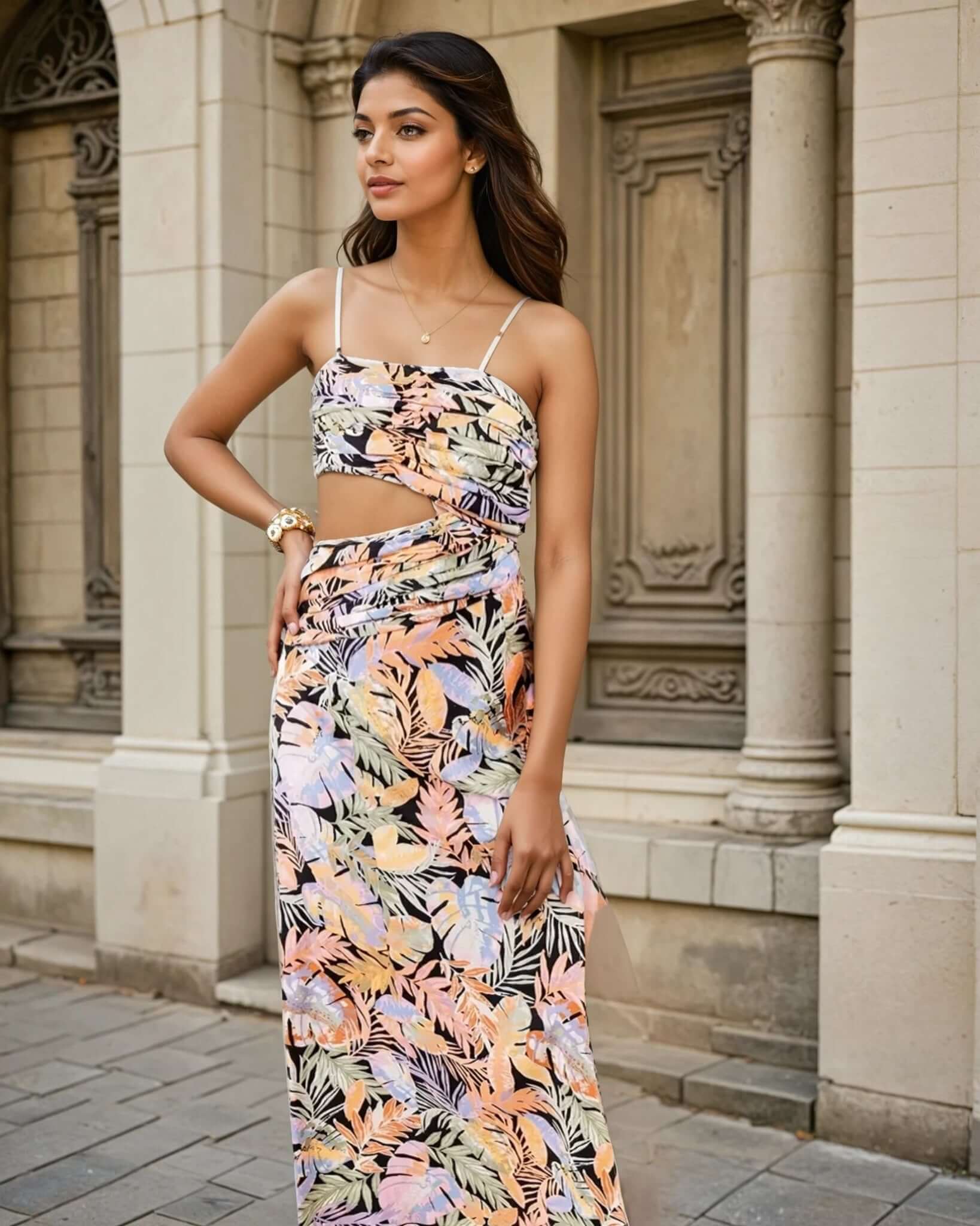 Model wearing a tropical print co-ord set featuring a ruched crop top with thin straps and a draped asymmetrical skirt from House Of Majisha. The outfit showcases vibrant leaf patterns in shades of orange, purple, and green, perfect for a stylish summer or resort look.