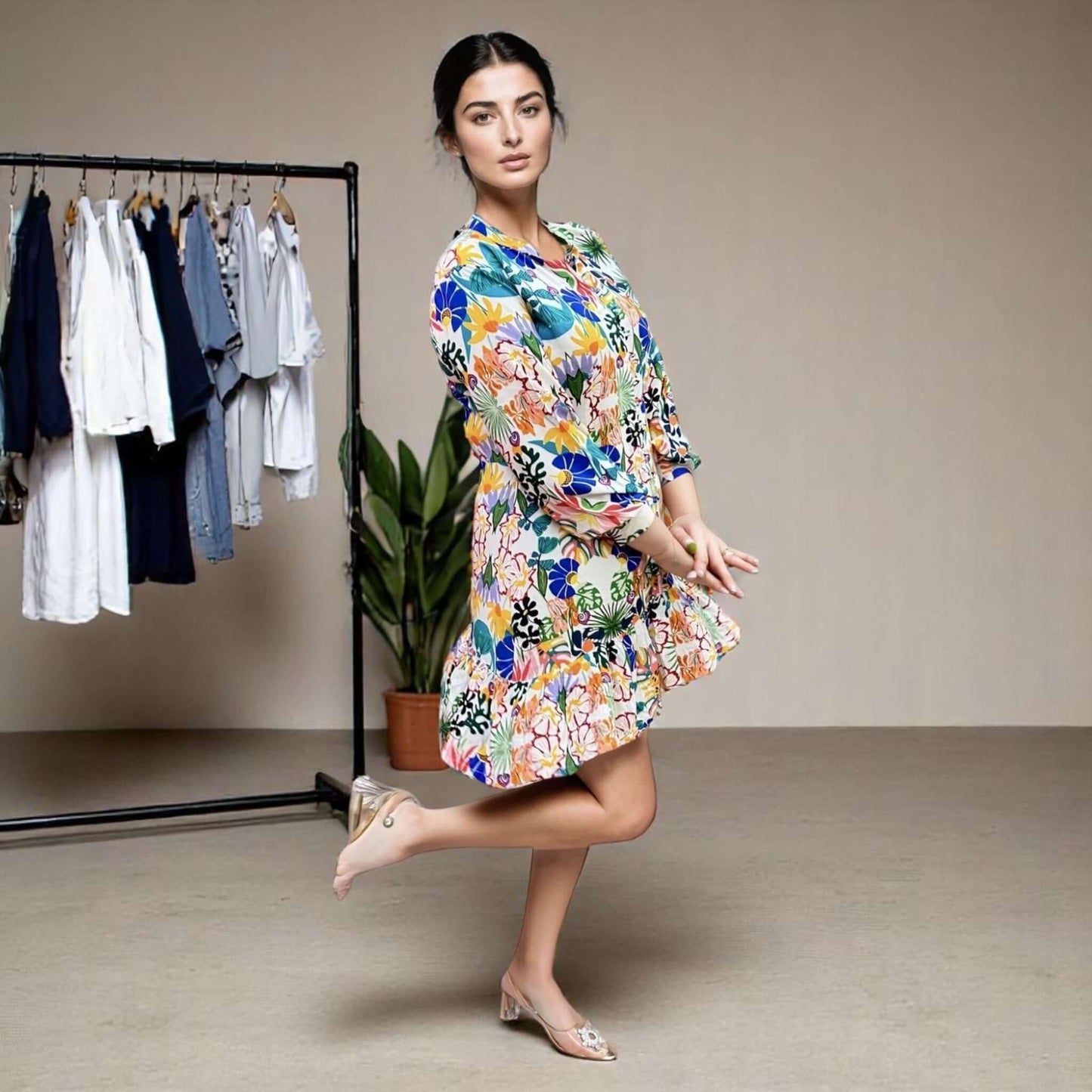 Model wearing the Vibrant Elegance Dress, a vibrant multicolor knee-length dress with a Chinese collar and full sleeves, perfect for casual outings from House Of Majisha.