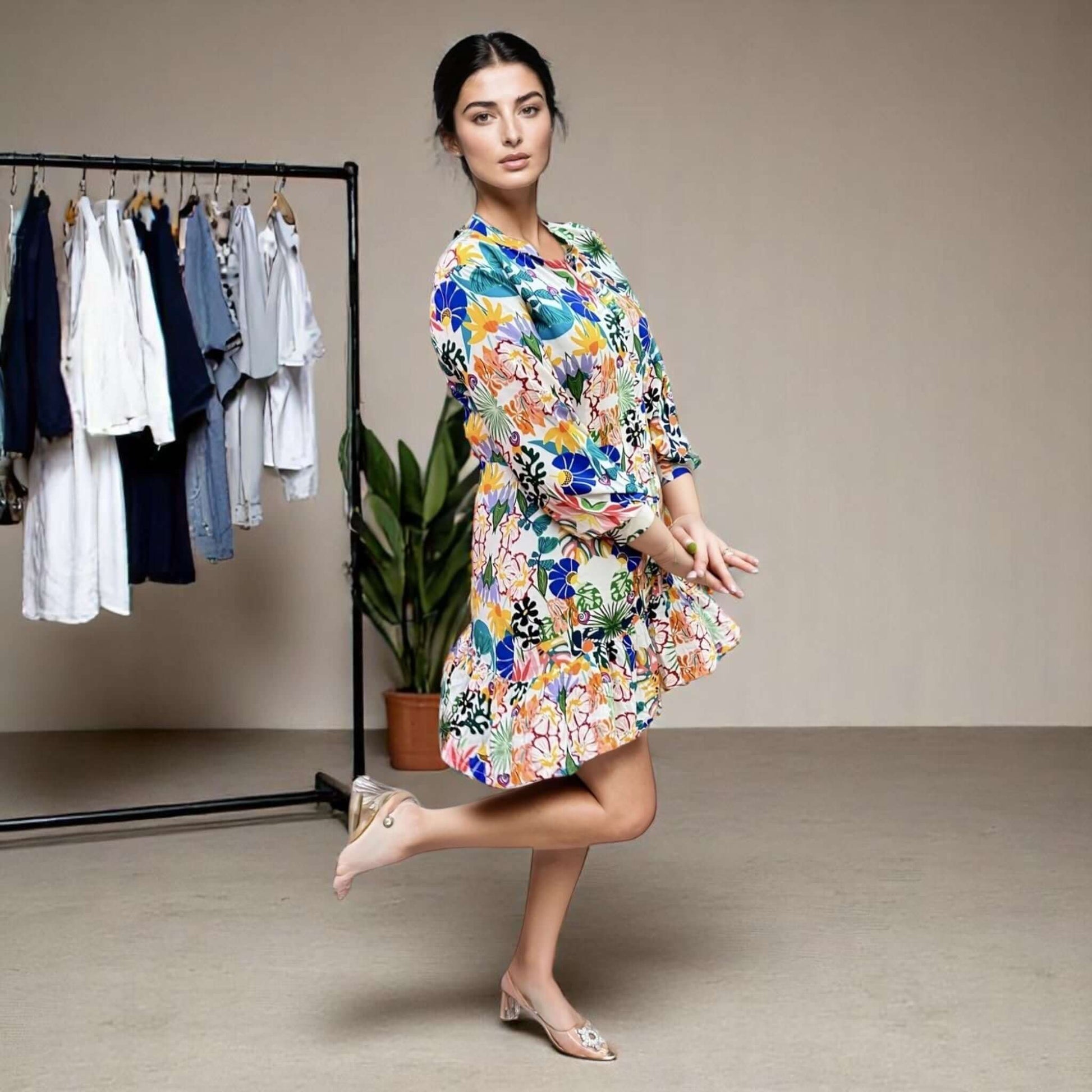 Model wearing the Vibrant Elegance Dress, a vibrant multicolor knee-length dress with a Chinese collar and full sleeves, perfect for casual outings from House Of Majisha.