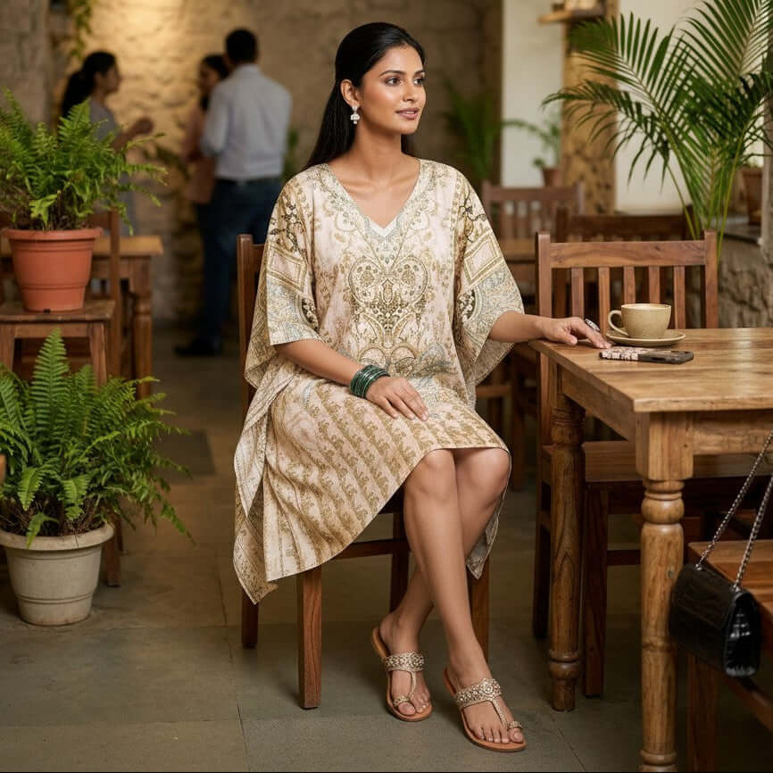 Woman wearing Beige Heritage Digital Print Kaftan dress with ethnic motifs in poly feather silk fabric from house of majisha.