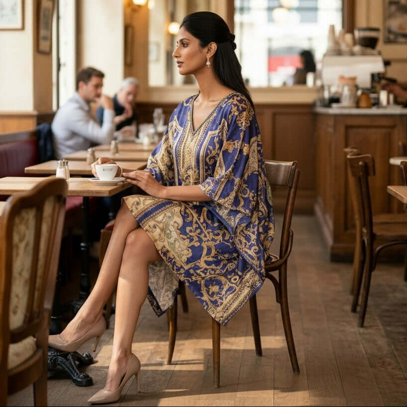 Woman wearing a blue baroque digital print kaftan dress in a cafe, showcasing stylish design and intricate patterns.