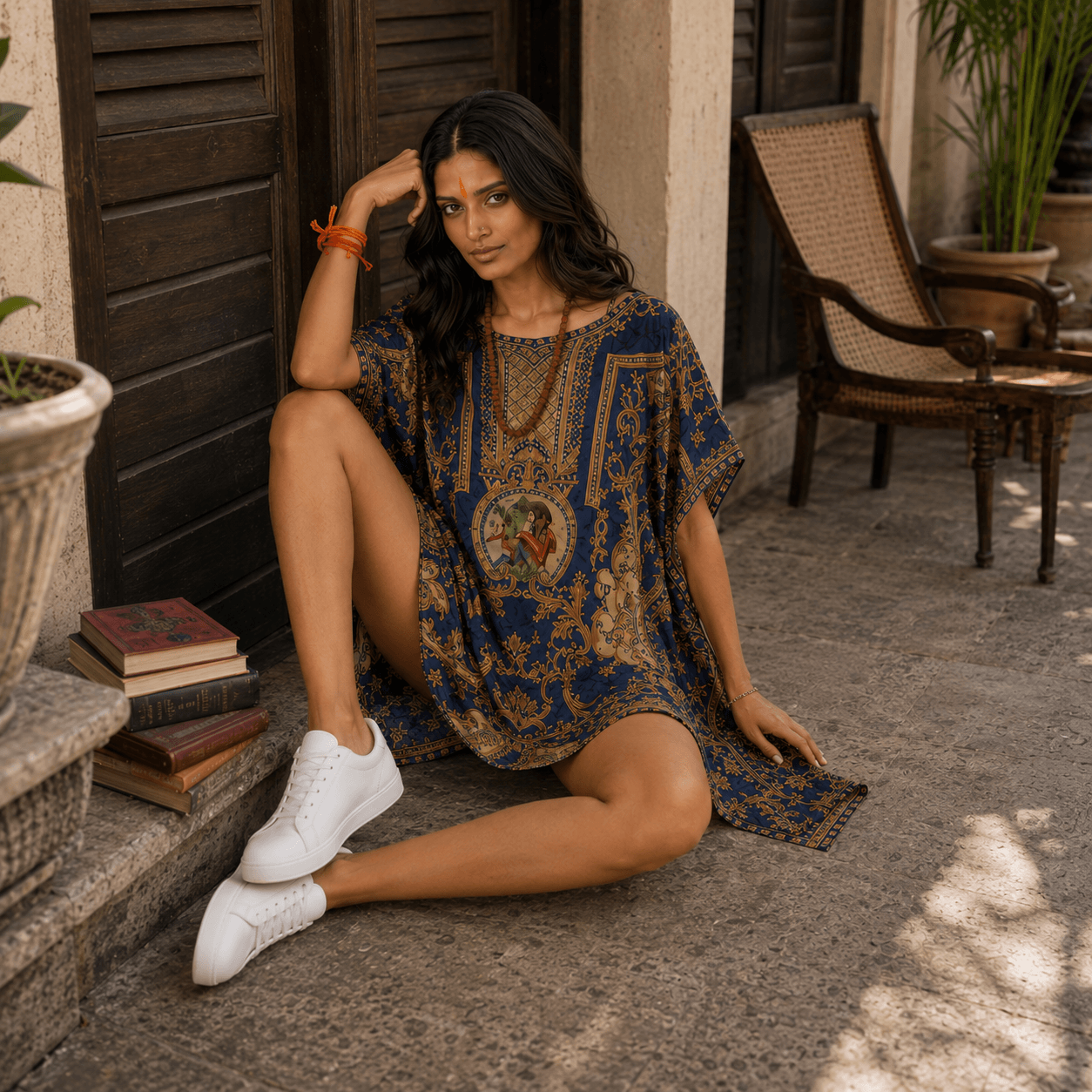 Woman in a house of majisha patterned kaftan dress sitting on steps outdoors