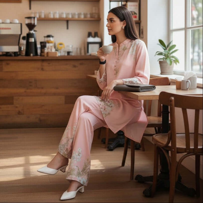 Woman in a pink house of majisha coord set, sitting at a table in a cozy cafe.
