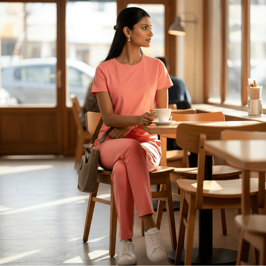 Woman wearing Coral Cotton Co Ord Set with t-shirt and slim pants from house of majisha.