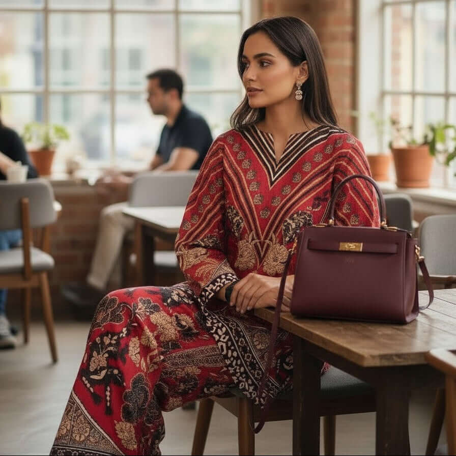Woman wearing Crimson Regal Heritage Printed Co Ord Set with floral motifs and wide pants from house of majisha.