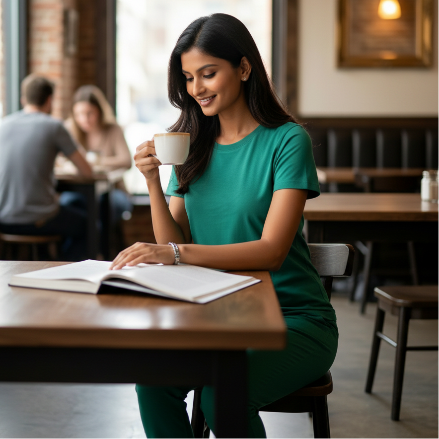 Woman wearing green cotton lycra stretchable co ord set with t-shirt and slim pants from house of majisha.