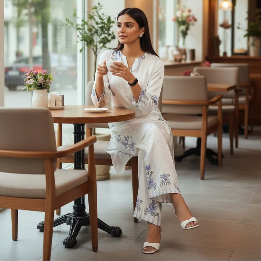 Woman in an ivory bloom co ord set from House of Majisha, sitting inside a café holding a cup of coffee.
