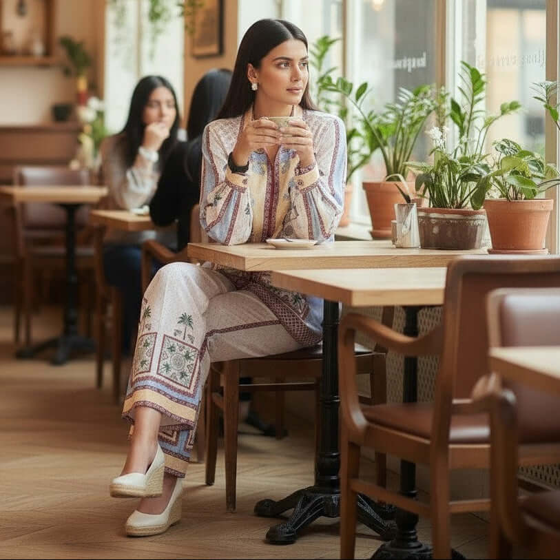 Woman wearing Ivory Multicolor Printed Co Ord Set by House of Majisha in a café setting