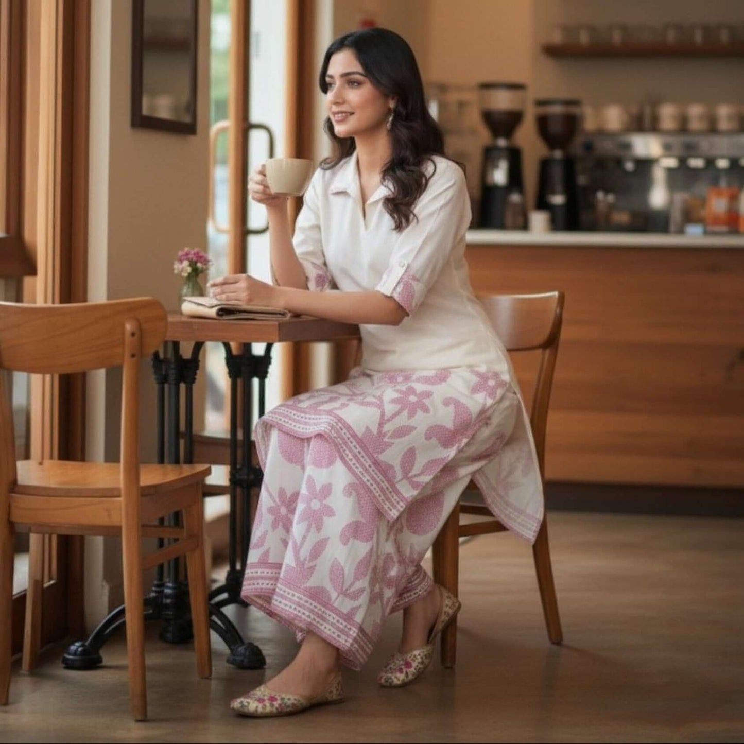 Woman in an ivory pink floral cotton flex co ord set from House of Majisha, sitting in a café wearing a white kurta with pink floral prints and matching wide leg pants.