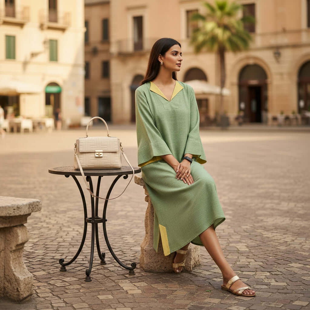 Kaftan Dress by House of Majisha, relaxed sage green kaftan with mustard yellow contrast collar and slits, kimono sleeves, worn with flats and styled with a beige handbag in a cobblestone city square.