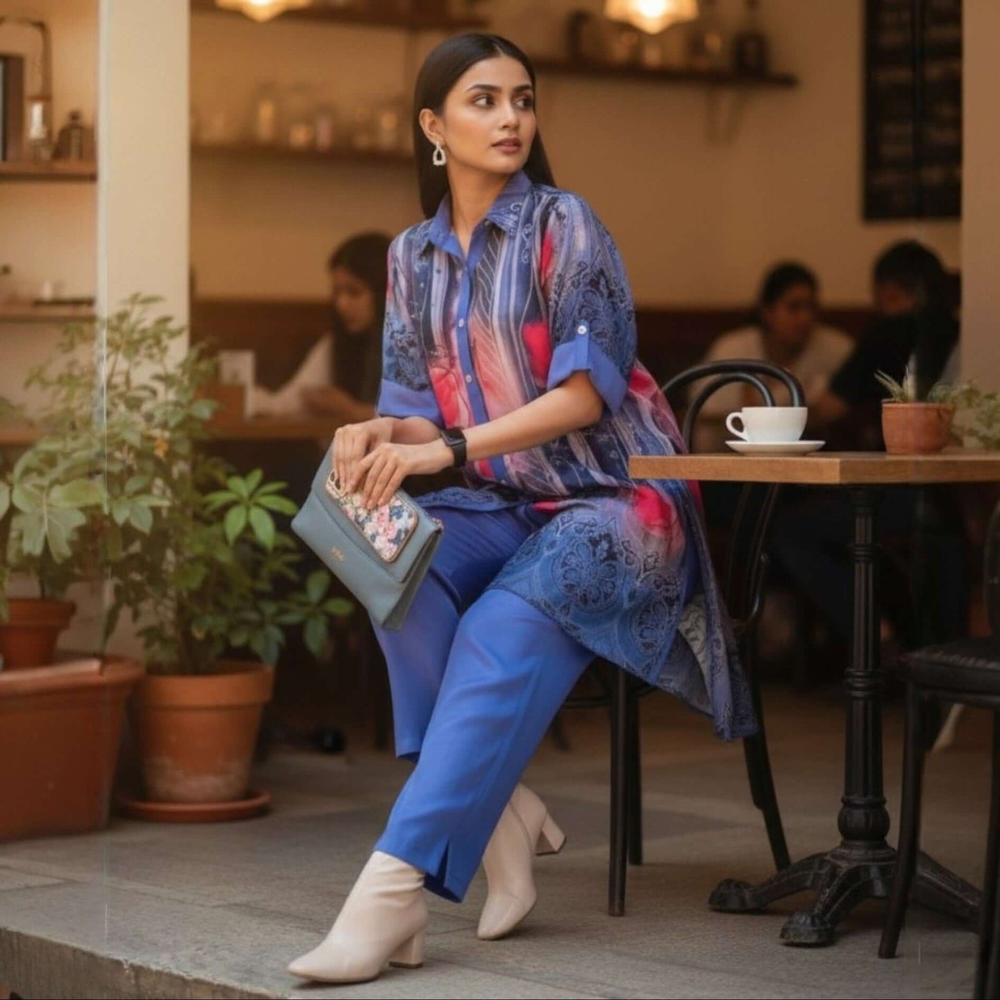 Woman wearing Midnight Bloom Ombre Printed Co Ord Set with floral patterns and straight pants from house of majisha.