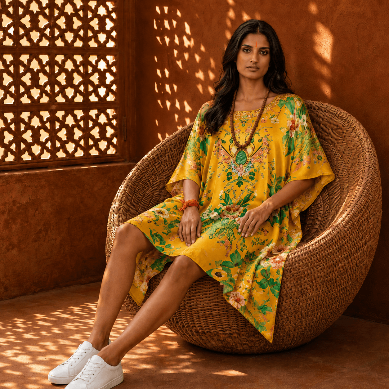 Woman in a house of majisha yellow floral dress sitting on a woven chair in a warm-toned room.