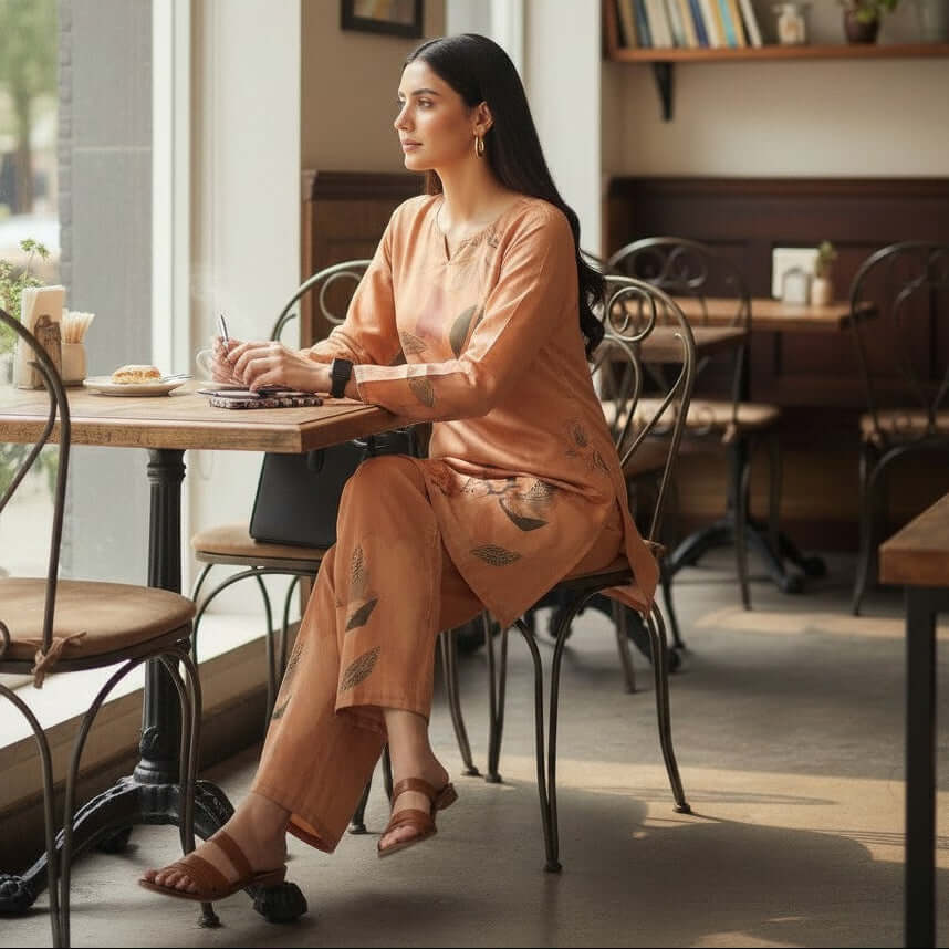 Woman in a rust leaf co ord set from House of Majisha, sitting inside a café wearing a brown printed kurta with matching pants.