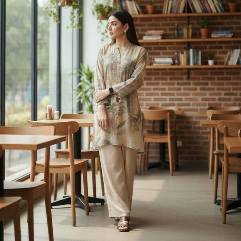 Woman in a sand dune abstract co ord set from House of Majisha, standing in a café wearing a beige printed kurta with wide leg pants.