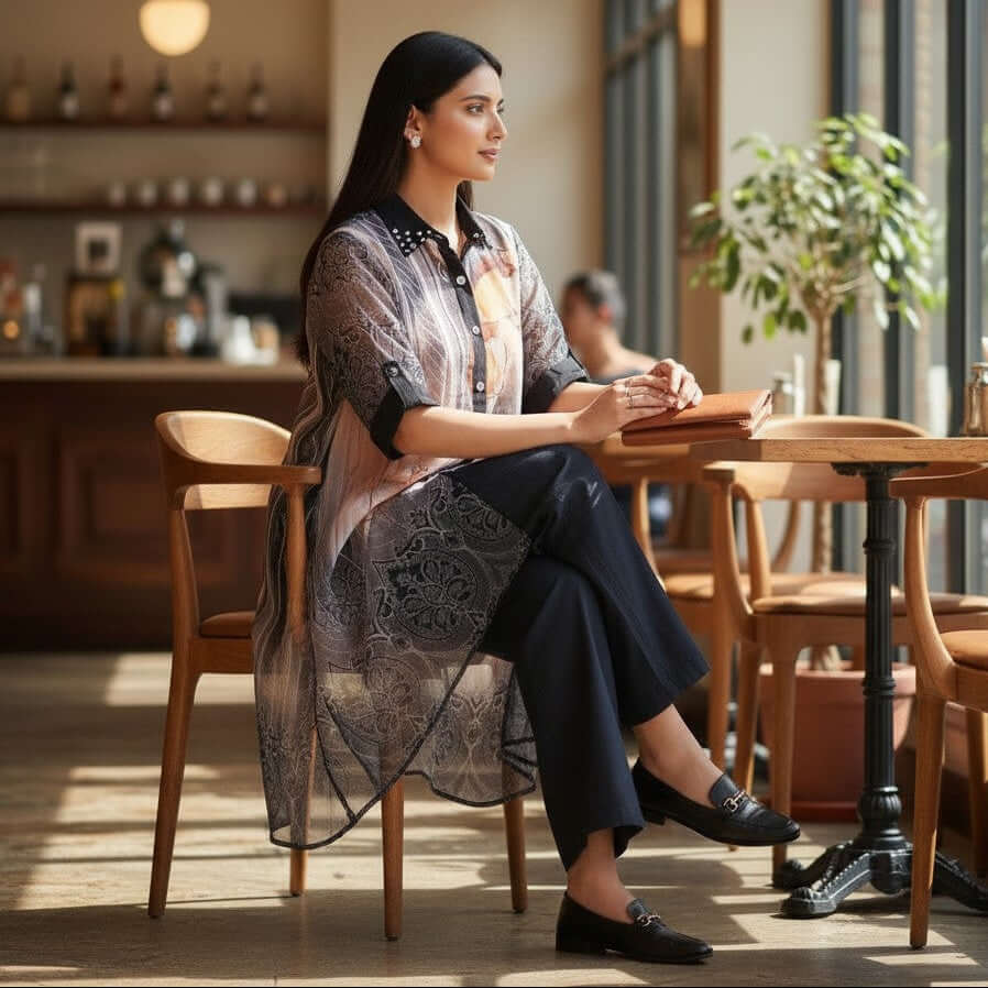 Woman wearing Smoky Bloom Sheer Co Ord Set by House of Majisha, a sheer georgette silk printed top with button front, collar neckline, high low hem, and dark straight pants in a cafΓ© setting.